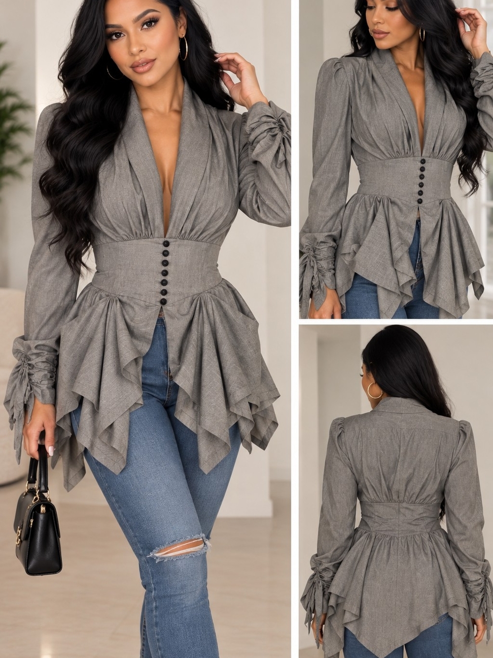 Freeway Grey Layered Ruffle Peplum Tunic